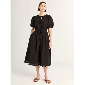 Free Assembly Black Eyelet Tie Front Puff Sleeve Midi Dress Sz Medium (8-10) New